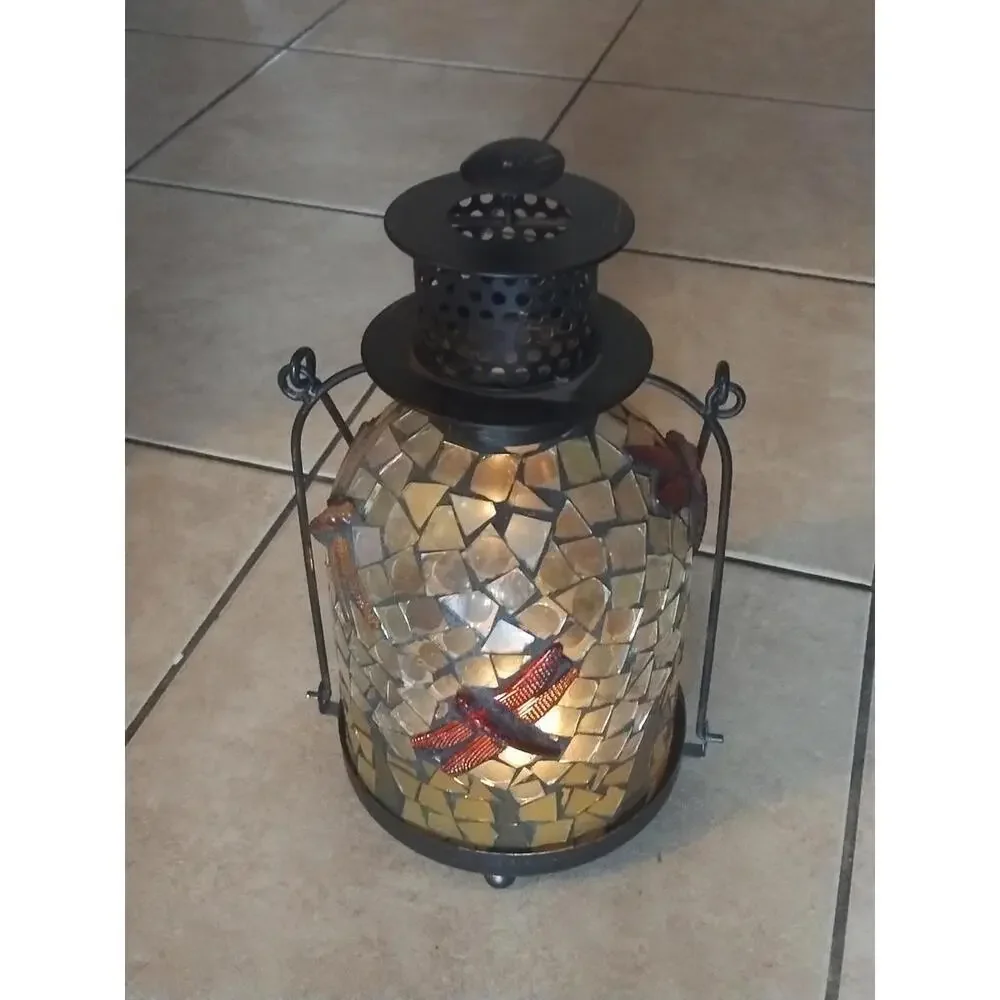 Dragonfly Mosaic Glass Garden Patio Tea Light Holder Lantern with Handle